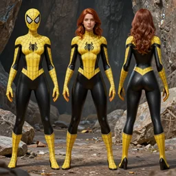 3 d model full body character turnaround of a woman in an orb weaver spider costume standing in a rock quarry, character sheet, matte painting, spiderman!!, spiderwoman!!, john singer sargent, good value control, highly detailed portrait, character turnaround, digital painting, concept art, artstation, sharp focus, smooth, illustration, yellow and black color scheme,