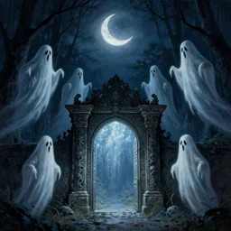 ghosts monsters. ornately carved stone portal with shimmering center leading to another land. tall dancing ghouls at midnight in the forest. at night. crescent moon night sky. thomas kinkade. digital painting. marc simonetti. dancing ghost ghoul. michael whelan. greg rutkowski. scary. creepy. artstation.