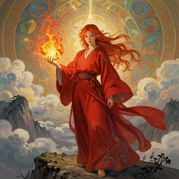 a beautiful fire bender mage girl holding a fireball, ginger hair with freckles, wearing long flowing red robes inspired by alphonse mucha, standing on a mountain top with epic clouds and godlike lighting, intricate illustration and highly detailed digital painting. concept art by artgerm. inspired by brom art and larry elmore.