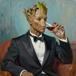 painting of the groot as a gentleman wearing tuxedo drinking wine, vivid colors, masterpiece, artwork