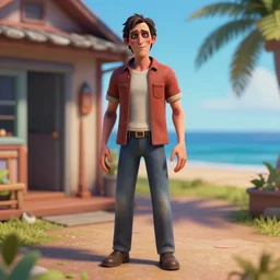 creepy uncanny valley full length portrait of a badly 3 d modeled man posing in a house next to the ocean, rendered in bryce 3 d and daz, ray - tracing, vibrant color, depth of field, cinematic lighting, sharp focus, rule of thirds, banned on artstation
