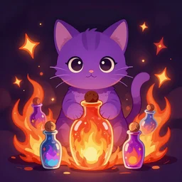 purple cat, cute, magic, mistic, flaming, vibrant vials, centered, symmetrical, aesthetically pleasing, insane details, digital art, deviantart, artstation, ambient light, 8 k