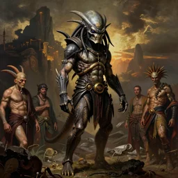 the predator in the style of wayne barlowe, gustav moreau, goward, bussiere, roberto ferri, santiago caruso, luis ricardo falero, dali