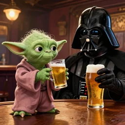 Yoda and Darth Vader drinking a beer in a pub