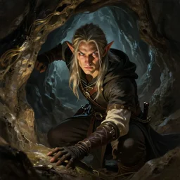 A fantasy comic book roleplaying game style portrait painting of a halfling thief sneaking in a cavern, DAZ, hyperrealistic, ambient light, dynamic light