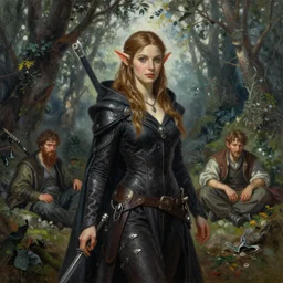 beautiful oil painting of a half-elf  woman rogue from dungeons and dragons in the forest by artgerm and greg rutkowski and thomas kinkade