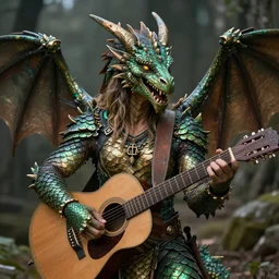 dragonborn ; fantasy race ; human with dragon head ; green bronze scales ; kind ; friendly face ; musician ; holding a guitar