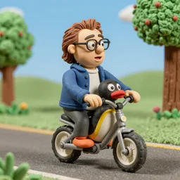 danny devito riding pingu in claymation style