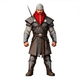 a full - body viking, hamdsp, e, scrollwork + red beard + rune + white ink + magical + symmetrical + detailed intricate + heraldic design + atmosphere + by peter mohrbacher and kentaro miura + high details, in the style of jean delville, artstation, 8 k, tarmo juhola, ivan laliashvili, james gurney, moebius, roger dean, wlop, victo ngai, 4 k, cinematic