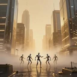 tiny cyborgs dance in a layer of golden knee-deep fog between the skyscrapers of a cyberpunk city of the near future