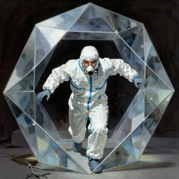 portrait of a scientist in a hazmat suit entering the geometric fractal prism dimensional gateway by frank frazetta