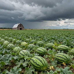 a field full of watermelons, and a single lone barn house, realistic digital art, moody cloud, trending on artstation