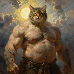 oversized cat as muscular barbarian , strong sun backlight sunrays  body , extreme very textured detailed portrait oil painting by rembrandt,   dramatic clouds and  atmosphere