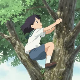 anime cel of a girl climbing a tree
