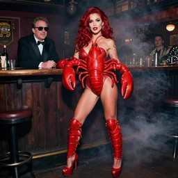 crustacean woman wearing all red, she has claws and lobster segments, and high heels and is probably in a smoky bar with her friend mr wallace