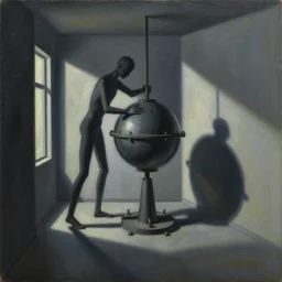 melancholic complex suprematism painting of mechanic formed figure working on an sphere machine in height by shag, throwing hard long shadows in complex construct room by edward hopper vibe, liminal space, oil on canvas