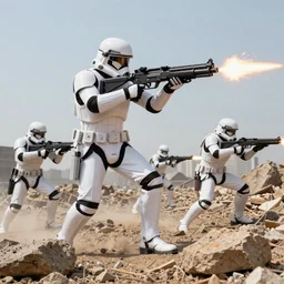 action photography, fast paced, imperial commando troopers traversing through rough terrain, blaster fire bright as neon, huge explosions, total chaos, sci fi alien world, 2 d digital, concept art, photoshopped, trending on artstation, star wars, hd, 8 k, hyperrealist, breathtaking, arnold render, unreal engine 5, award winning