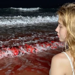 beach at night, waves like teeth, blond woman staring from foreground, red tide, meat and blood in water , 4k,