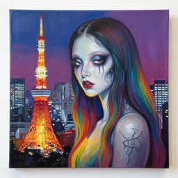 acrylic painting of a bizarre nightmare woman in a rainbow in tokyo, mixed media collage by basquiat and jackson pollock, maximalist magazine collage art, retro psychedelic illustration