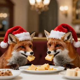 foxes wearing santa hats eating cheese in a fancy restaurant