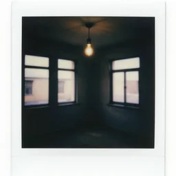 a poloroid of an empty dark room with windows a bare lit lightbulb hangs from the celing, spooky, unnerving