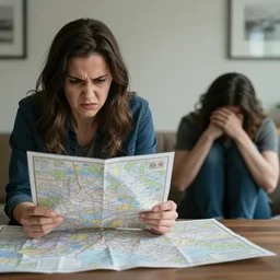 an angry woman and an a sad map. by mark brooks