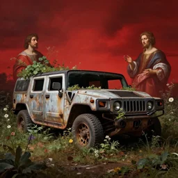 still life of abandoned hummer wreck overgrown with plants, dramatic red sky, by hieronymus bosch, wide shot, soft glow bloom lucid dream - like ethereal atmosphere, baroque portrait painting, perfect composition, beautiful intricate detailed octane render trending on artstation, 8 k artistic photography, volumetric cinematic perfect light, chiaroscuro, masterpiece, raphael, caravaggio,