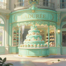! dream cake and sweet shop, inspired by paris laduree, laduree and light mint color scheme, natural lighting, wide angle, intricate details, fantasy atmosphere, matte painting, illustration, by hayao miyazaki