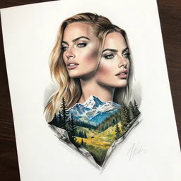 tattoo design sketch of margot robbie and beautiful mountain scenery mash up, in the style of lesha lauz, surrealist, amazing detail, sharp
