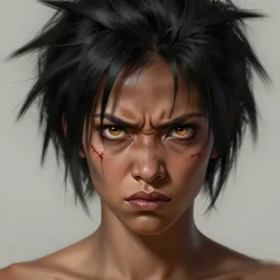 angry woman with short, spiky black hair and dark skin, slanted amber eyes, long thin scar on her face. highly detailed, digital painting, artstation, concept art, sharp focus, beautiful face, expressive eyes, illustration, art by Artgerm and greg rutkowski and alphonse mucha