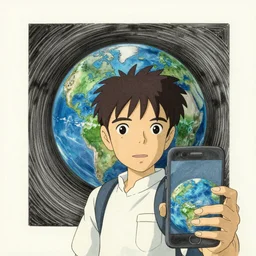 last selfie on earth, drawed by M. C. Escher, colored by Hayao Miyazaki