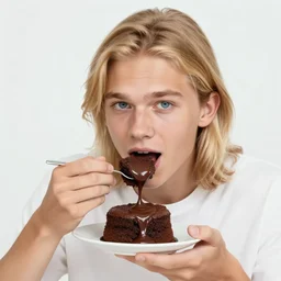 photograph of a male teenager with long blonde hair and blue eyes eating a chocolate lava cake
