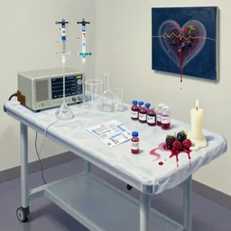 “ operating table, scientific glassware, a radio, iv equipment, heart rate monitor, blood collection vials, medical labels, a candle dripping white wax, squashed berries, berry juice drips, acrylic and spray paint and oilstick on canvas, surrealism, neoexpressionism ”