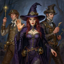 portrait of a witch casting a spell. steampunk style. painted by barbara canepa and alessandro barbucci and tony sandoval, wlop, loish.