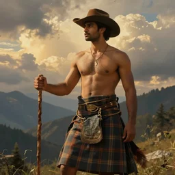 a dramatic epic beautiful painting of a handsome shirtless desi man | he is wearing a plaid kilt and cowboy hat, and holding a walking stick | background is mountains and clouds | dramatic lighting, golden hour, homoerotic | by mark maggiori and walter crane | trending on artstation
