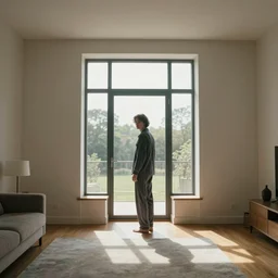 person in pyjamas standing near window, turned back to camera, cinematographic, sun rays, daylight, one big french door window with walls to the sides, windowsill, big spacious room, carpet at the floor, furnished room, anamorphic shot lens, window at the center, wooden floor, modern, photorealistic, high ceiling
