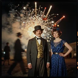 kodak portra 4 0 0, wetplate, new year's eve, muted colours, blueberry, 1 9 1 0 s style, motion blur, portrait photo of a backdrop, explosions, rockets, sparkling, by georges melies and by britt marling