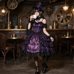 full body portrait photo of a cute young japanese woman wearing a elegant gothic dress, open top, wearing a tophat, and glasses. drinking coffee in a steampunk cafe. studio lighting, at night, highly detailed