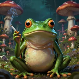 a centered chest up portrait of a psychedelic godlike anthropomorphic frog smoking a hand - rolled cigarette, magic mushroom village in background. award winning. superb resolution. in the art style of junji ito and greg rutkowski. detailed mushroom city in background. hyper realistic anime. perfect art. dalle 2