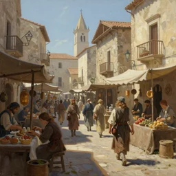 a busy medieval Mediterranean street market , beautiful digital art, cinematic composition, detailed, concept art, Matt painting, oil painting, Canon EOS 1000D, ƒ/3.5, focal length: 18.0 mm, exposure time: 1/5, ISO 400, flash on.