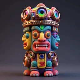 a opalescent claymodel of a multicolored steampunk tiki with three faces, wearing a steampunk helmet with multicolored irisdiscent tubes and shiny metallic devices, 3 d render, crisp, trippy aztec, 8 k, fluorescent colors, insanely integrate