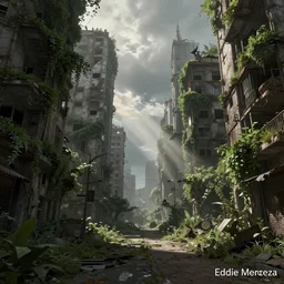 concept art of an abandoned ruined big city street overgrown with nature by eddie mendoza, hyper realistic, atmospheric, detailed, matte, godrays
