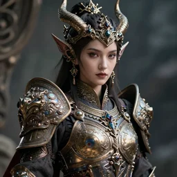A close up portrait of a beautiful woman demon priestess wearing finely detailed armor forged by the ancient gods unreal engine trending on artstation